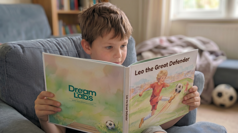 Happy child reading their personalized sports storybook